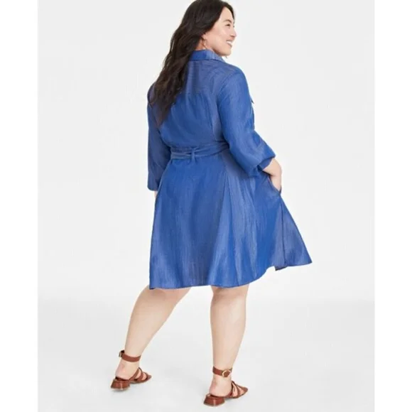 On 34th Plus Size Chambray Long-Sleeve Belted Shirtdress NWT - Picture 4 of 7